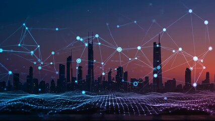 Futuristic city skyline with digital networks at sunset. - Powered by Adobe