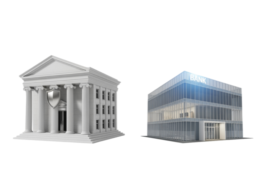 Bank building with shield 3D duo isolated on transparent background