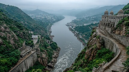 River flows through a valley with mountains and a stone structure.