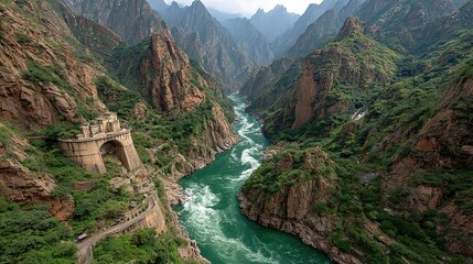 River flows through a deep gorge surrounded by mountains and green vegetation.