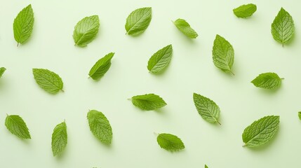51.A beautiful top view of peppermint leaves arranged in a natural, repeating layout, with the dark green leaves contrasting against a soft, neutral background, emphasizing their fresh, herbaceous