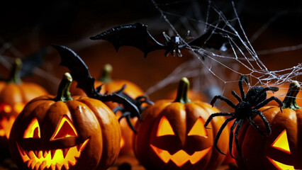 Carved Pumpkins, Bats, and Spider for Halloween Event