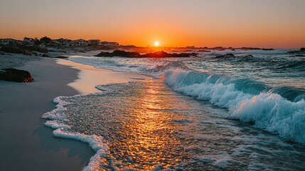 Ocean waves roll onto a sandy beach during a vibrant sunset.