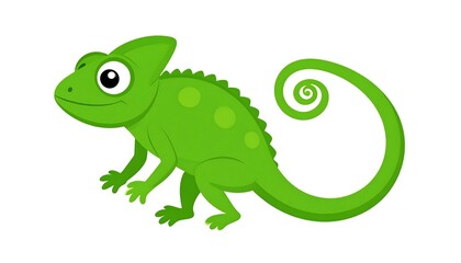 Naklejka premium A cute green cartoon chameleon with a curly tail, big eyes, and a small smile poses against a white background