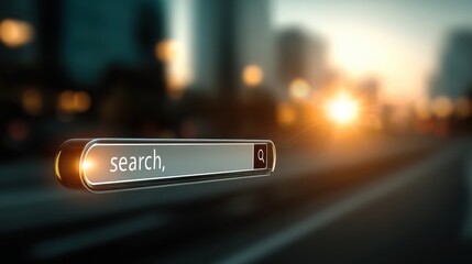 A modern search bar floats against a blurred urban background, capturing the essence of digital exploration and online connectivity.