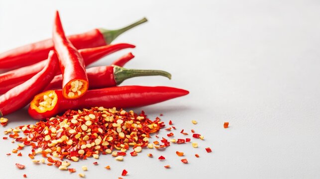 96.A dramatic shot of red chili pepper, sliced open to reveal a burst of chili flakes scattering in all directions, set against a clean white background, with the spicy seeds and flakes sharply