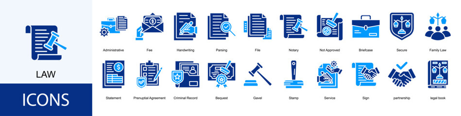 Law icon collection set. Containing Administrative, Fee, Handwriting, Parsing, File, Notary icon