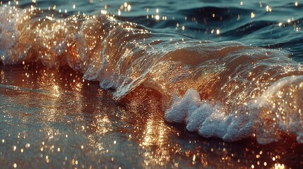 Wave crests with foam and golden sunlight reflecting on the water surface.