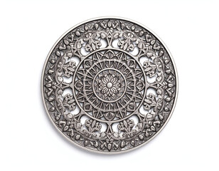 Exquisite metal ornament showcasing floral arabesque engraving, isolated on white background