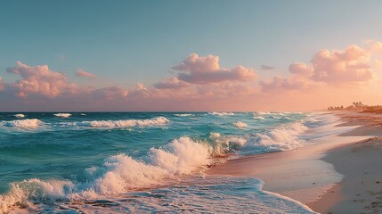 Ocean waves meet sandy beach under a pastel sky at sunrise or sunset.