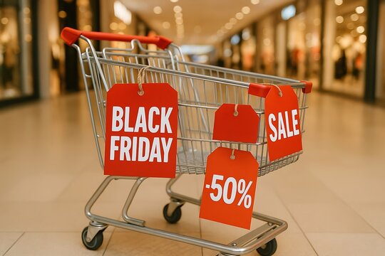 Shopping cart with black friday and sale tags in a mall