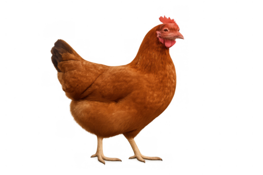Brown hen standing, looking ahead, farm domestic poultry animal with transparent background, isolated