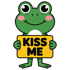 Funny Frog Holding 'Kiss Me' Sign Illustration &ndash; Playful Cartoon with Romantic Twist