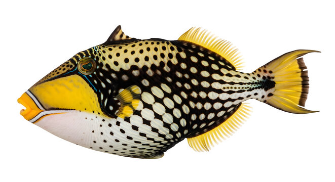 Ornate lagoon triggerfish swimming with vibrant colors against a black backdrop