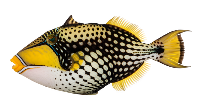 Ornate lagoon triggerfish swimming with vibrant colors against a black backdrop