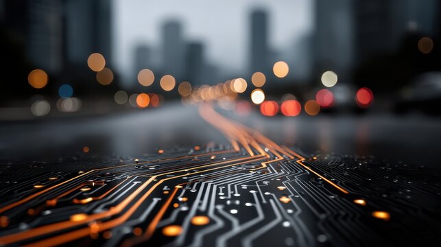 A futuristic urban scene with a circuit board design merging into a blurred cityscape, showcasing technology and innovation.