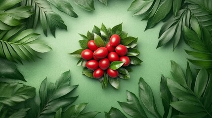 62.A striking image of a cluster of lipstick fruits, their bold red color contrasting against the earthy tones of the spice farmâ€™s landscape in Zanzibar, surrounded by rich greenery and soft natural