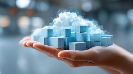 A hand holds a collection of blue cubes, surrounded by a cloud of ethereal mist, symbolizing creativity or innovation in a futuristic setting.