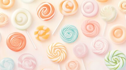 55.A sweet, fun-filled flat lay of various lollipops in bright colors and swirled patterns, arranged in a beautiful pattern against a soft pastel backdrop, evoking a sense of joy and indulgence.