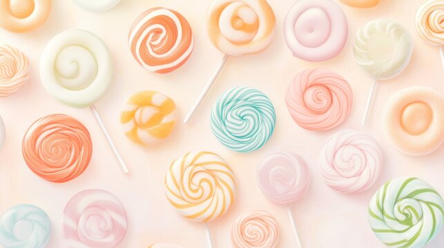 55.A sweet, fun-filled flat lay of various lollipops in bright colors and swirled patterns, arranged in a beautiful pattern against a soft pastel backdrop, evoking a sense of joy and indulgence.