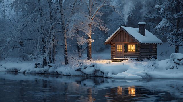 Cozy cabin glows warmly by a snowy riverbank, nestled amongst frosted trees in a winter landscape.
