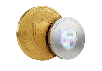 Crypto security coin bundle with protective shield isolated on transparent background