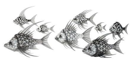 School of stylized fish swimming in formation with geometric patterns design