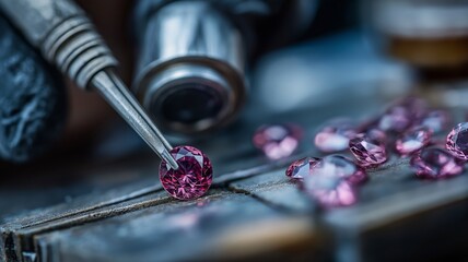 Careful gemstone quality inspection by jewelers, using a magnification to grade diamonds