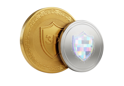 Crypto security coin bundle with protective shield isolated on transparent background - Powered by Adobe