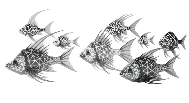 School of stylized fish swimming in formation with geometric patterns design