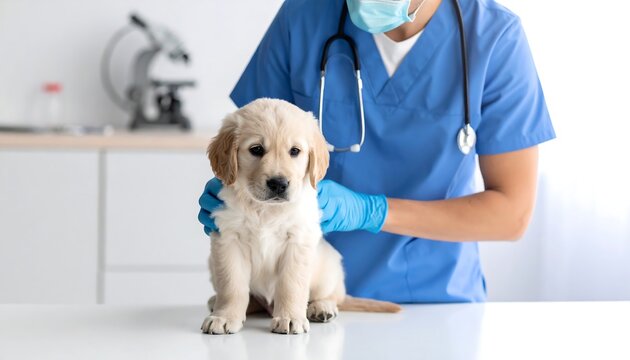 A cute Golden Retriever puppy gets a check-up at the vet's, doctor is wearing scrubs, mask, and gloves