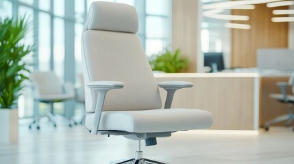 Fototapeta premium 104.An angled shot of a high-back office chair with a thick, cushioned seat, showing the contours of the cushion and the comfortable fabric, with a clean, modern office workspace in the background.