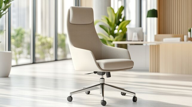 104.An angled shot of a high-back office chair with a thick, cushioned seat, showing the contours of the cushion and the comfortable fabric, with a clean, modern office workspace in the background.