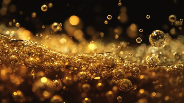 Golden Effervescence: A mesmerizing macro shot of golden liquid, alive with sparkling bubbles and a rich, alluring texture. The close-up view accentuates the drink's natural characteristics.