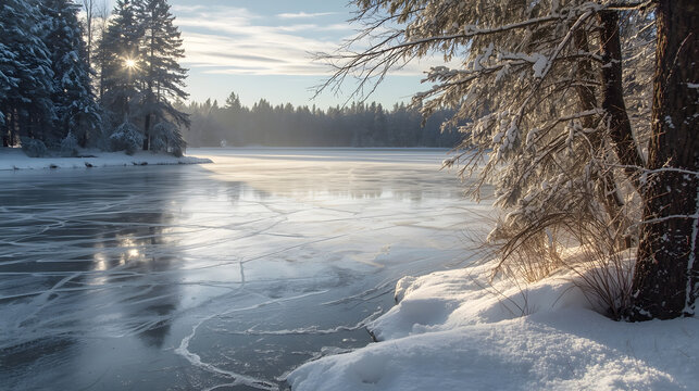 Frozen lake with snow-covered trees under a bright sun in a winter landscape.