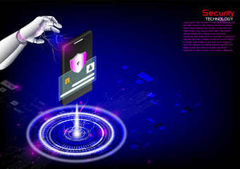 Futuristic AI robotic hand protecting smartphone data with digital shield and electric energy, symbolizing cyber security, mobile protection, and digital privacy.