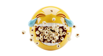 Laughing emoji face crying tears of joy filled with popcorn