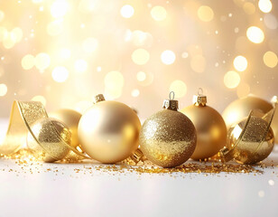 Golden Christmas Ornaments with Sparkle and Bokeh Lights