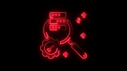 Red neon magnifying glass over database servers with gear and checkmark symbolizing data analysis optimization and
