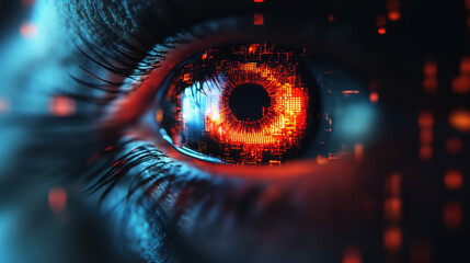 Futuristic digital eye with red cyber interface