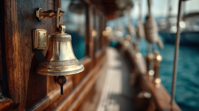 A close-up of a brass ship's bell attached to wooden decking, with a blurred background of boats and water, evoking a nautical atmosphere.