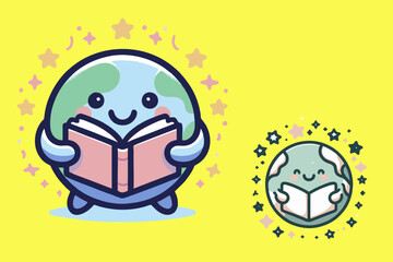 This is a mascot logo of the earth reading a book, suitable for use in logo designs for printing companies, paper, reading rooms, libraries, bookstores, magazines, posters, flyers, advertisements