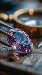 Careful gemstone quality inspection by jewelers, using a magnification to grade diamonds
