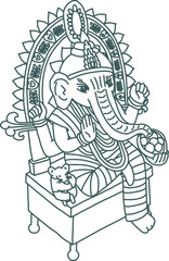 Lord Ganesha Sitting on Throne Hand Drawn Line Art Illustration with Decorative Details