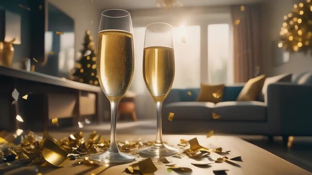 Morning after New Year&rsquo;s party with half-full champagne glasses in soft sunlight