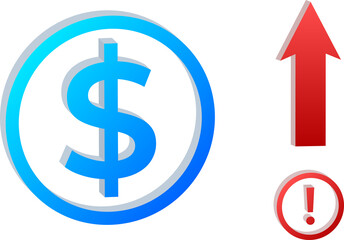 3D blue dollar symbol with a red upward arrow and warning mark Isolated on Transparent Background