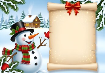 Joyful snowman and festive scroll christmas card template with winter scene and gifts