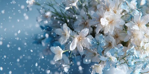 Floral Frost: A delicate bouquet of soft white and pale blue flowers, adorned with gentle snowfall, creates a serene winter scene of ephemeral beauty and tranquility.