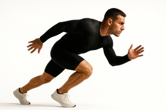 Adult male athlete side profile leaning into a ready to run stance staggered feet and arms set for launch on white