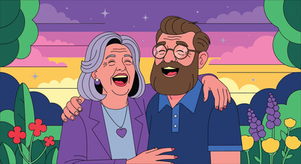 Joyful elderly couple embracing and laughing outdoors amidst colorful flowers and sunset sky